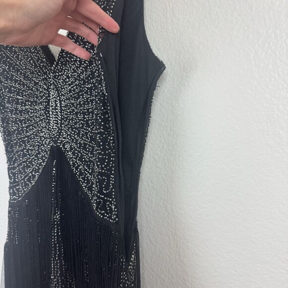 Unique Vintage Retro 1920s Fringe Beaded Mini Flapper Dress Black Silver Small - Picture 11 of 16